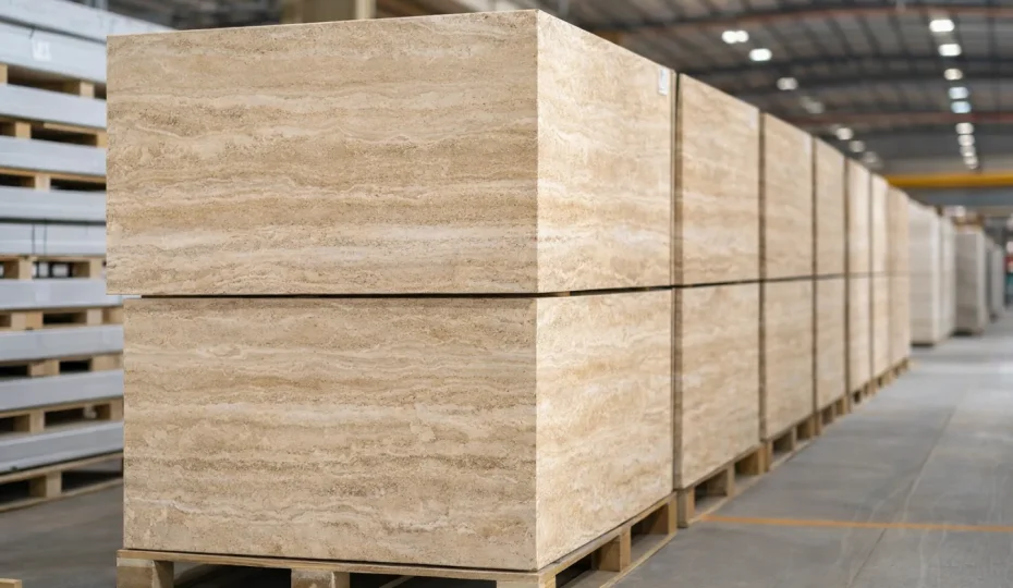Travertinblöcke auf Paletten im Natursteinlager – Travertin Lieferant für Europa